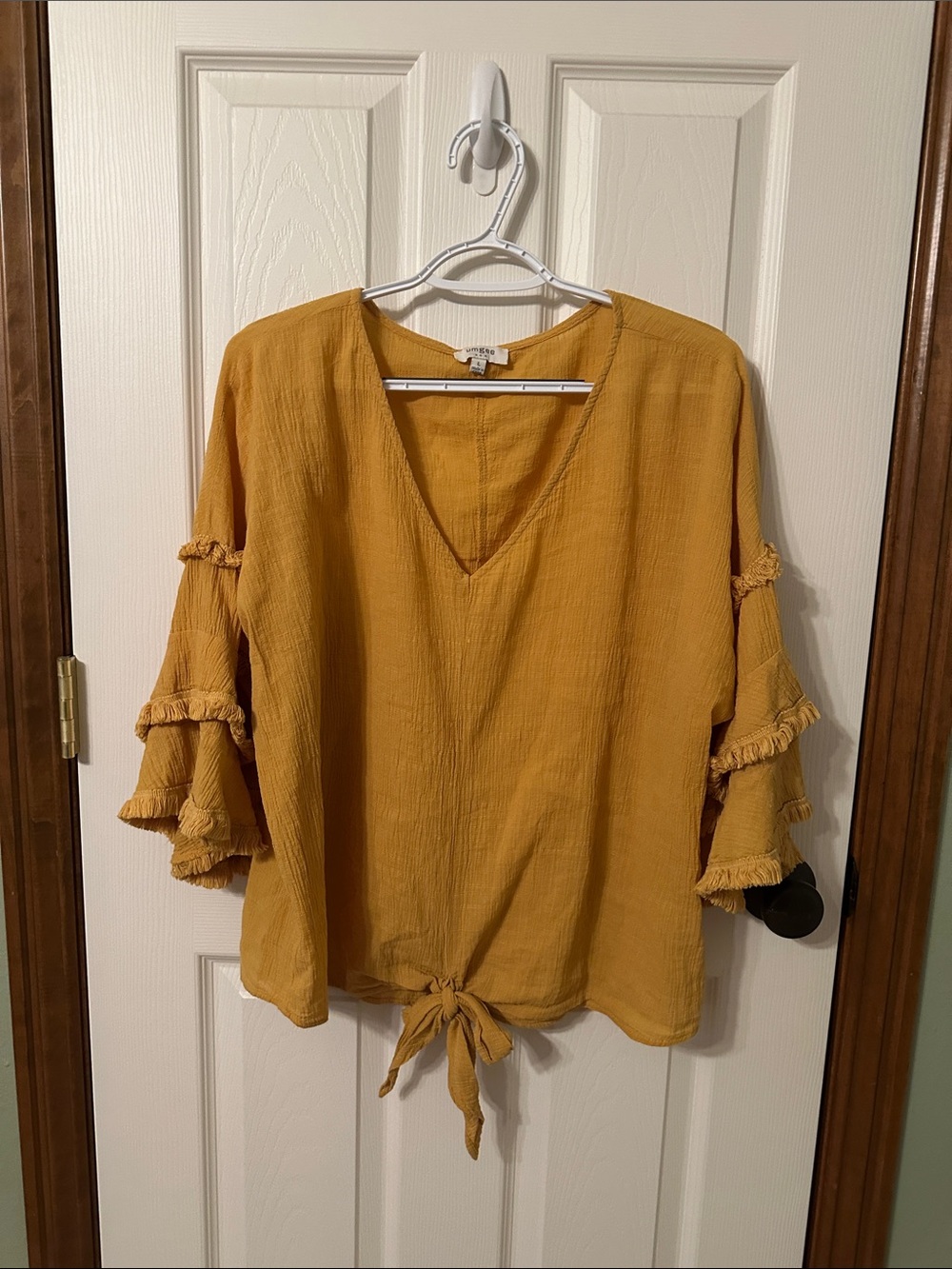 Umgee Mustard Tie-Front V-Neck Ruffle Sleeve Tunic